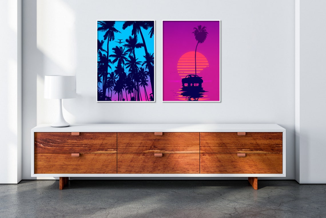 2 Retro Art Prints Bright Wall Decor 80's Wall Art Etsy