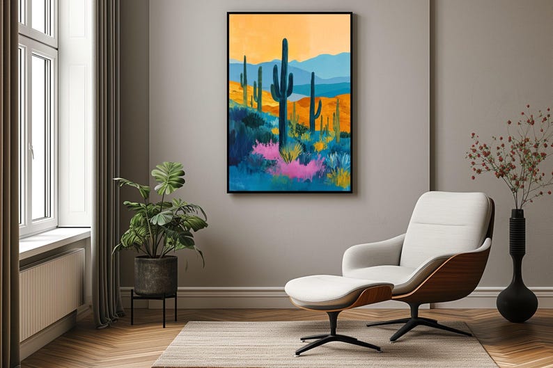 An oversized  colorful cactus print canvas print.
