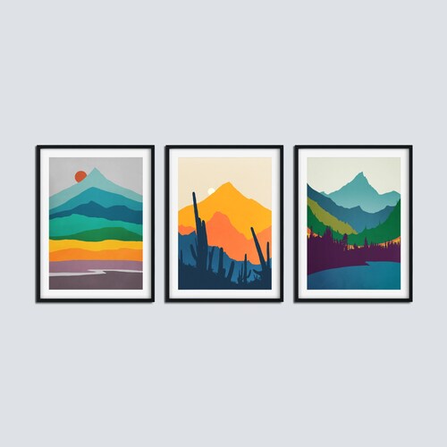 Mid Century Modern Art Print Set of 3 Landscape Sun Mountain Etsy UK
