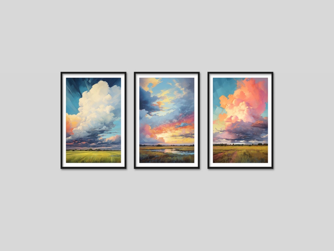 Western Wall Art Set of 3, Framed Wall Art Prints, Prairie Landscape