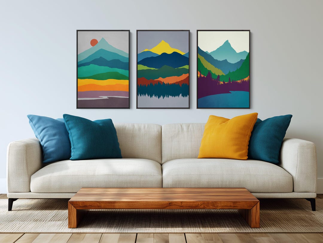 Mountain Wall Art, Dopamine Decor, Set of 3 Prints, Framed Wall