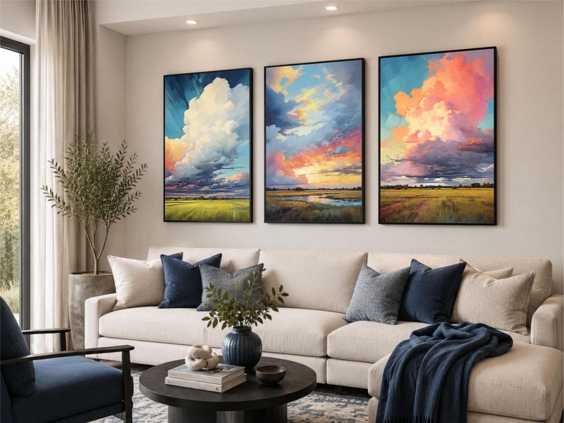 Set of 3 wall art featuring dramatic Western storm landscape prints with open skies, warm fields, and wood framed canvas print styling.