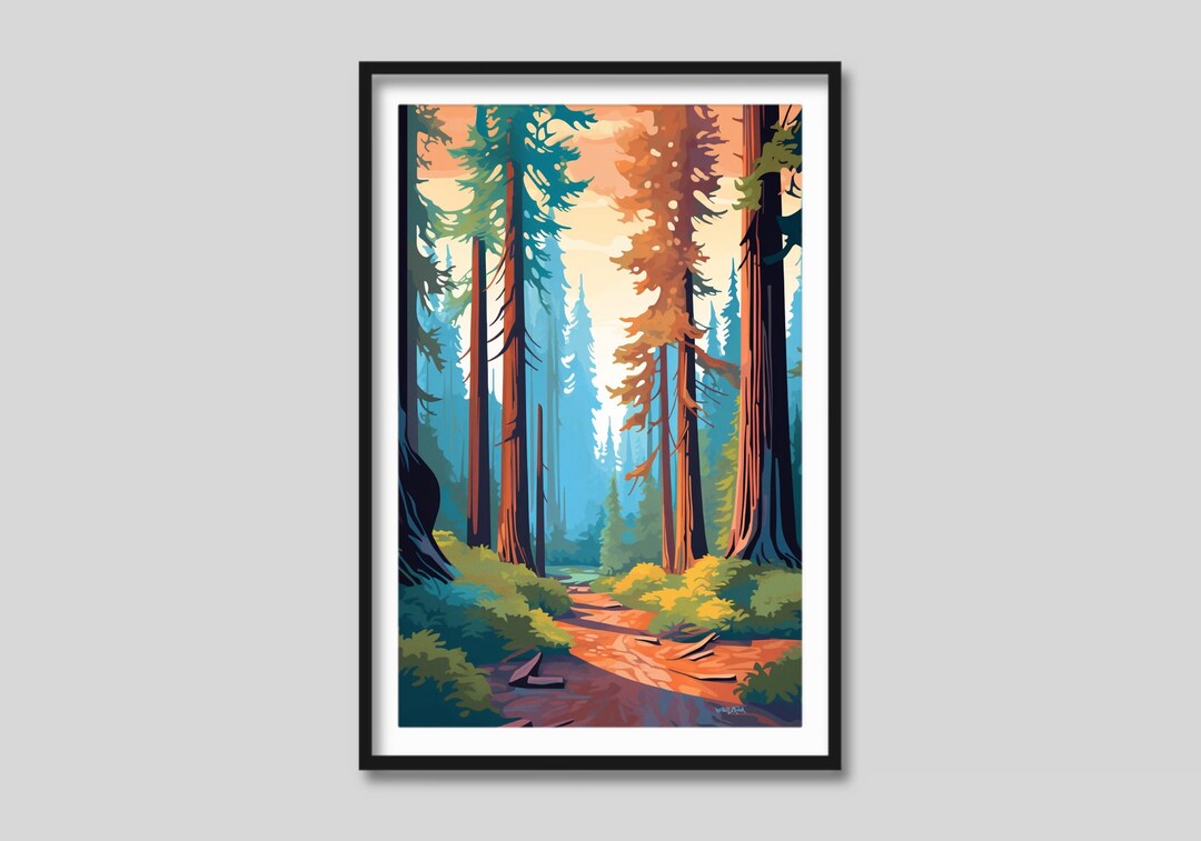 Redwood Forest Wall Art Print, Mid Century Modern Art, Large Canvas Art