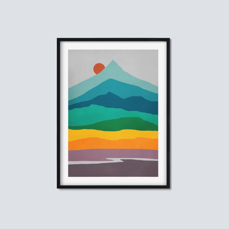 Mid Century Modern Wall Art Framed, Colorful Art Print, Scandinavian Print, Modern Wall Decor, Sun and Mountain 