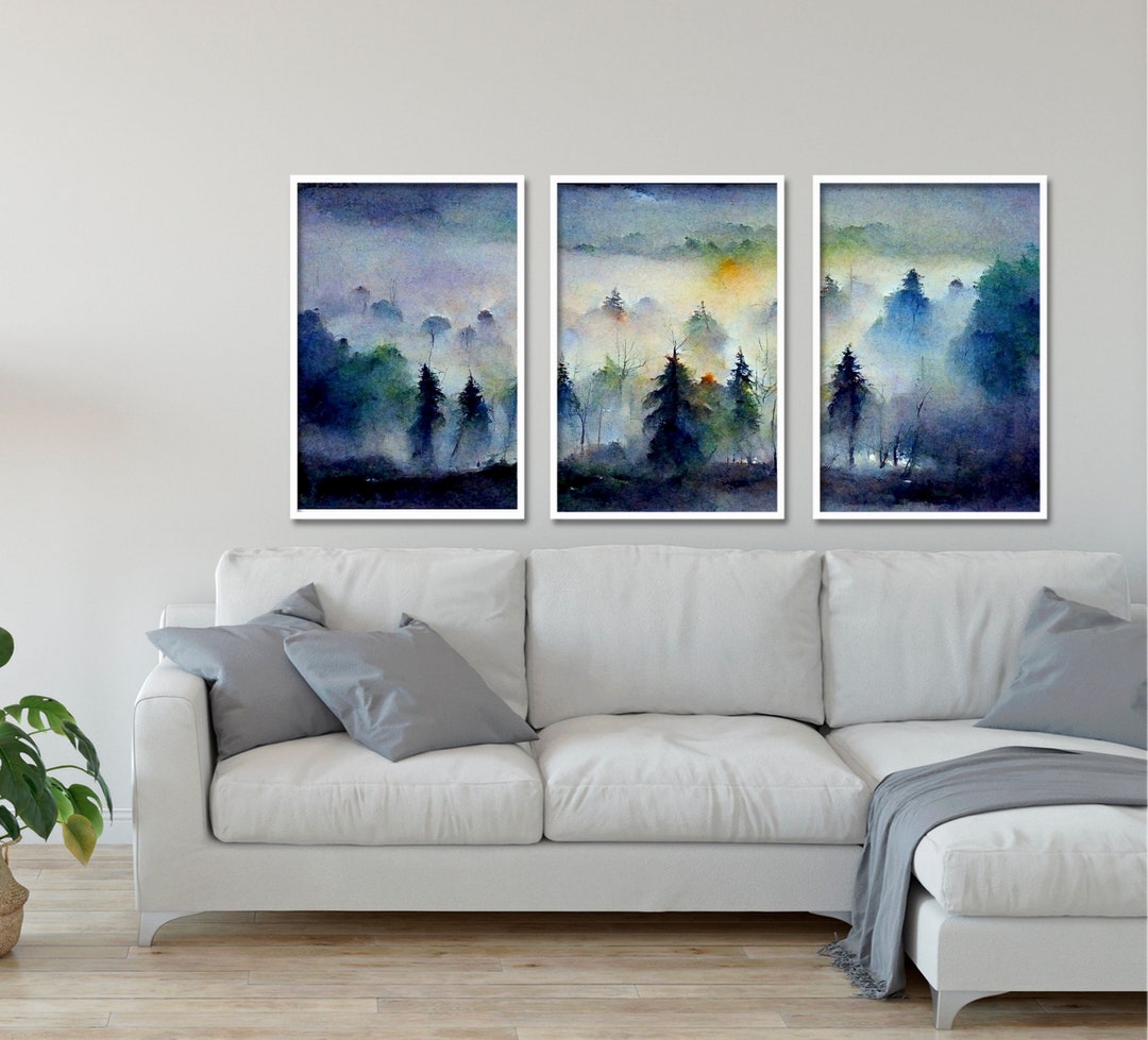 Misty Mountain Wall Art Framed 3 Piece Watercolor Painting Etsy