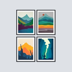 Mountain Wall Art, Set of 4 Framed Prints, Office Decor, Original Landscape Art, Framed Artwork