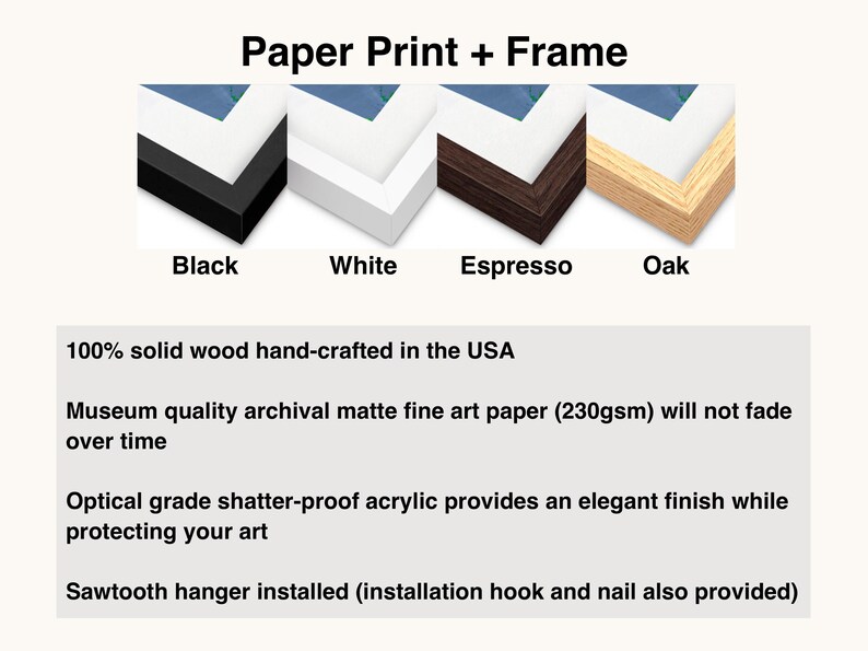 a collection of four different types of paper print and frame options, including black, white, espresso, and oak, along with their respective installation details.