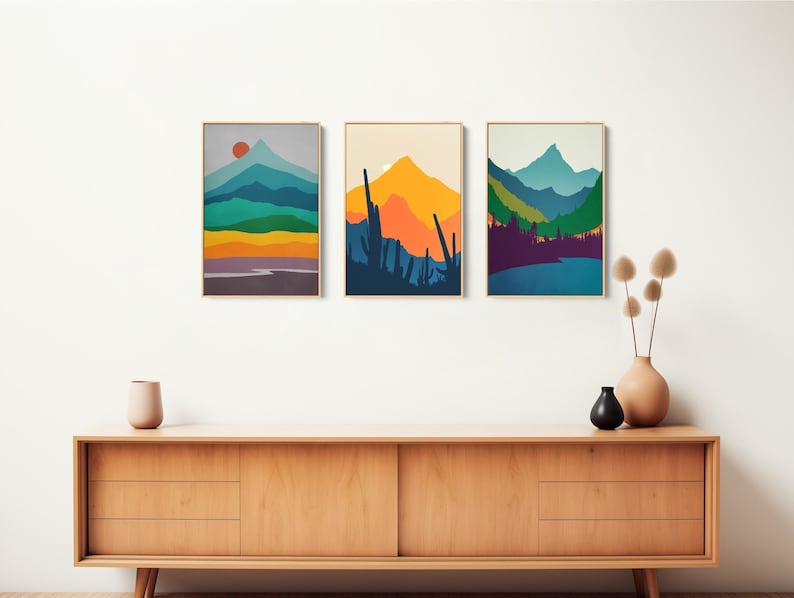 Abstract Wall Art Framed, Set of 3 Canvas Art Prints, Mid Century Modern Mountain Wall Art, Gallery Wall Art image 1