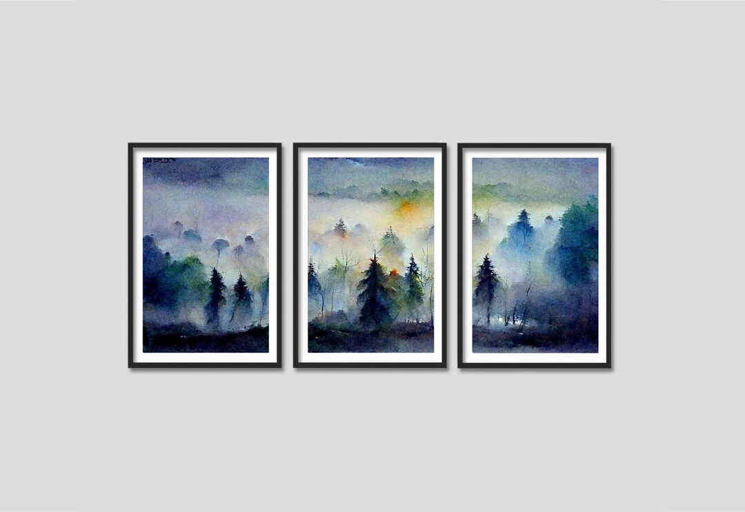 Misty Mountain Wall Art Framed, 3 Piece Watercolor Painting, Mountain