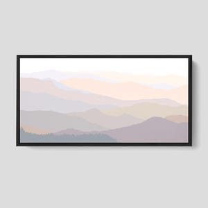 Pastel mountain print showcasing overlapping mountain ridgelines and a minimalist landscape composition in soft neutral colors, available as a framed canvas print.
