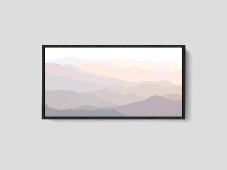 Pastel mountain print showcasing overlapping mountain ridgelines and a minimalist landscape composition in soft neutral colors, available as a framed canvas print.