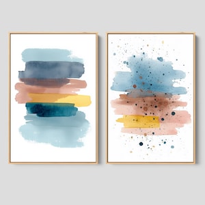 Framed Abstract Canvas Print Set: Modern Wall Decor | Pastel Watercolor
