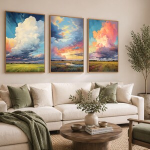 Landscape wall art prints with big storm clouds, prairie fields, colorful sky movement, and a wood framed canvas print format for gallery wall decor.