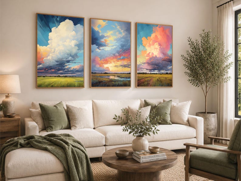 Landscape wall art prints with big storm clouds, prairie fields, colorful sky movement, and a wood framed canvas print format for gallery wall decor.