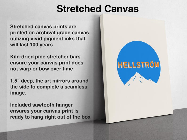 a canvas with a picture of a mountain and the words hellstorm printed on it