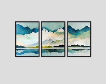 Watercolor Landscape Wall Art Prints, Set of 3 Wall Prints, Blue Wall Art, Landscape Wall Art