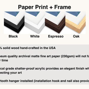 a collection of four different types of paper print and frame options, including black, white, espresso, and oak, along with their respective installation details.