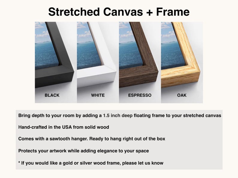 four different types of stretched canvas and frame options, each with a unique color and design, allowing the viewer to choose the one that best suits their preferences and the aesthetic of their space.