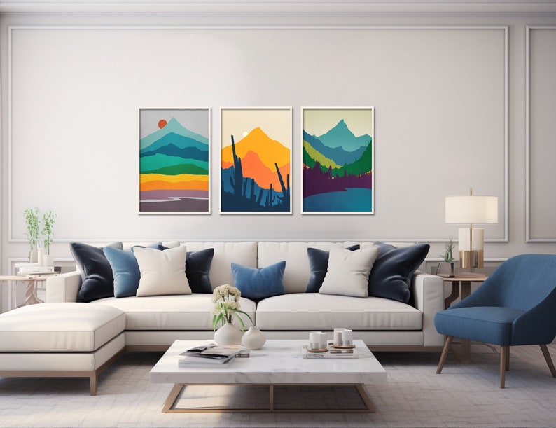 A set off 3 mid century modern wall art prints featuring minimalist colorful mountains.