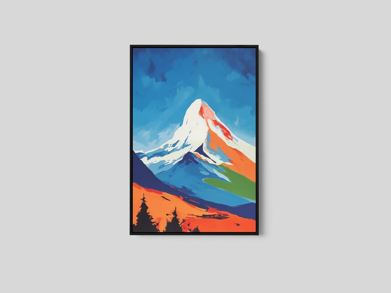 Framed mountain wall art print featuring Mount Hood painted in bold blue, orange, green, and white tones. Oregon landscape artwork for cabins, mountain homes, vacation properties, adventure-inspired interiors, and Pacific Northwest decor.
