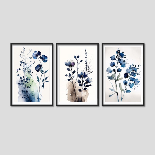 Wildflower Watercolor Paintings, Floral Art Prints, 3 Piece Wall Art Set, Indigo Blue Botanical Prints, Framed Artwork