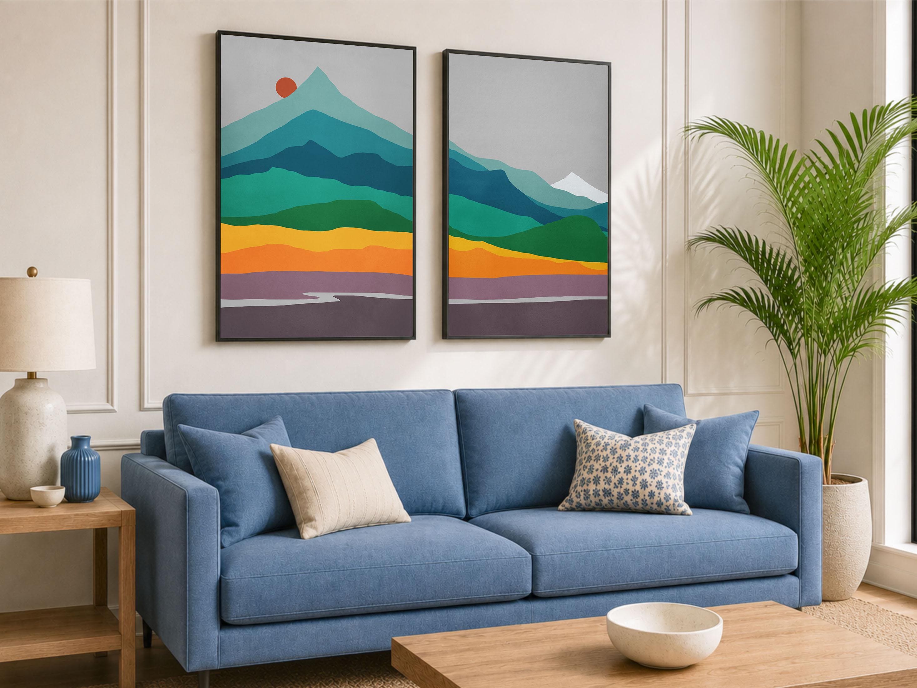 Mid Century Modern Wall Art, Colorful Landscape Prints, Set of 2
