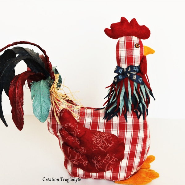 Cale porte, cale fenêtre décoratif. Art textile, poule, coq en tissu rouge, lesté, pour la décoration maison de style campagne