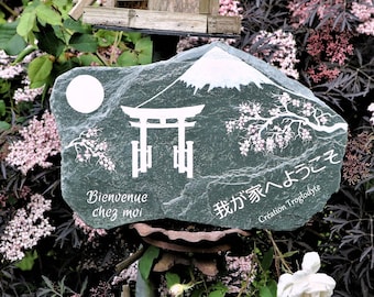 Ardoise naturelle peinte, décoration de jardin japonais, pancarte de bienvenue et kanji. tableau de jardin.