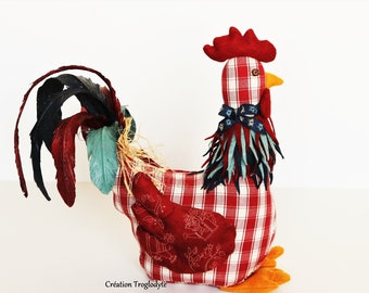 Cale porte, cale fenêtre décoratif. Art textile, poule, coq en tissu rouge, lesté, pour la décoration maison de style campagne