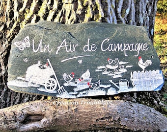 Plaque décorative en ardoise thème campagne, poules 50 cm x 35 cm, pour la déco de votre jardin ou de votre poulailler, personnalisable