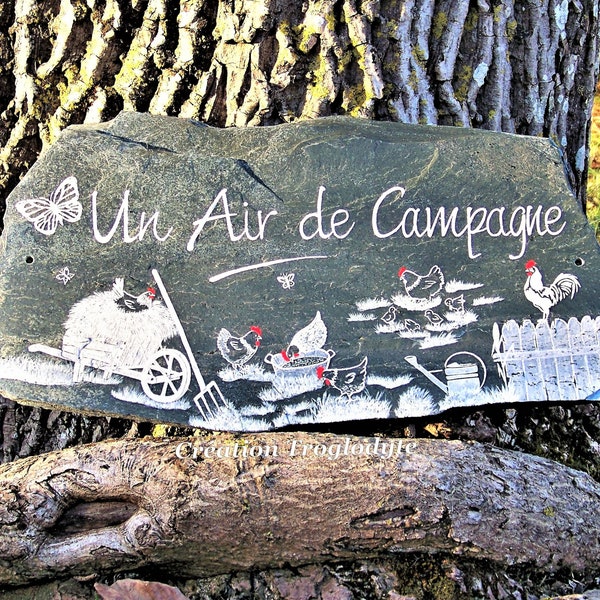 Plaque décorative en ardoise thème campagne, poules 50 cm x 35 cm, pour la déco de votre jardin ou de votre poulailler, personnalisable