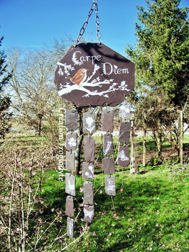 carillon de jardin en ardoise-carillon à vent-mobile-attrape vent wind chime-slate-décoration de jardin carpe diem, image 1