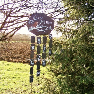 carillon de jardin en ardoise-carillon à vent-mobile-attrape vent wind chime-slate-décoration de jardin carpe diem, image 6