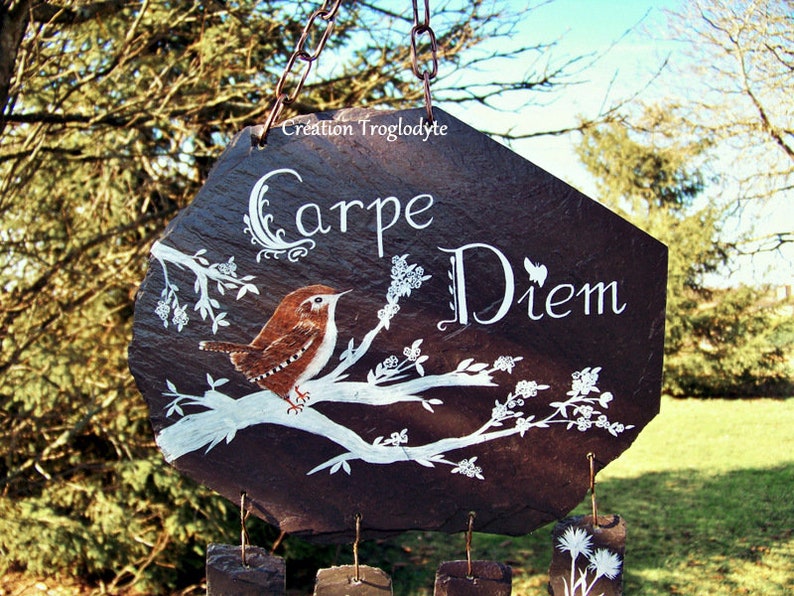 carillon de jardin en ardoise-carillon à vent-mobile-attrape vent wind chime-slate-décoration de jardin carpe diem, image 3