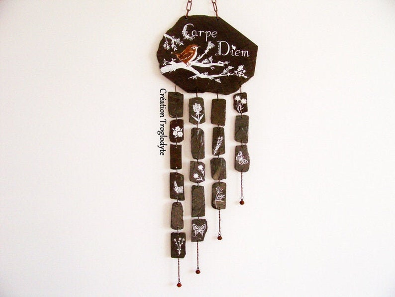 carillon de jardin en ardoise-carillon à vent-mobile-attrape vent wind chime-slate-décoration de jardin carpe diem, image 2