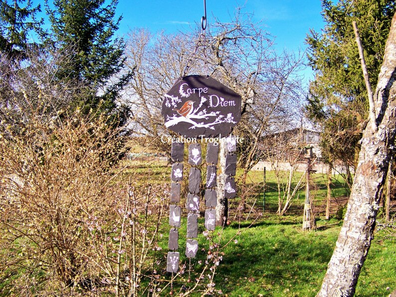 carillon de jardin en ardoise-carillon à vent-mobile-attrape vent wind chime-slate-décoration de jardin carpe diem, image 5