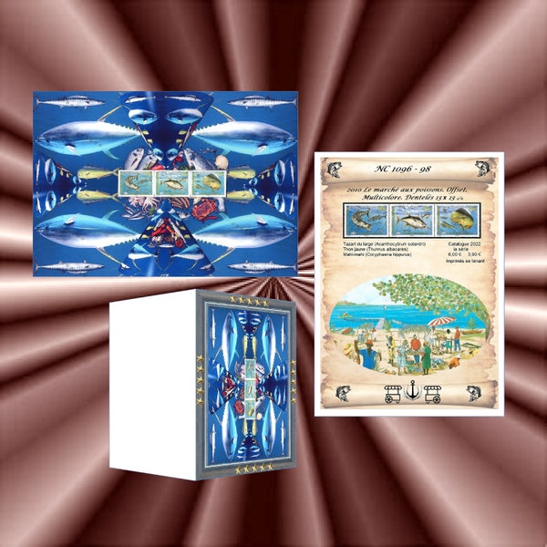 Le Marché aux poissons, idée originale décoration et philatélie avec timbres postes Nouvelle Calédonie 2010 impression photo couleur A4 - NP
