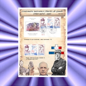 Charles de Gaulle - Anniversary of his birth - A4 art print - 1st day envelope and triptych St-Pierre and Miquelon 1990 NP