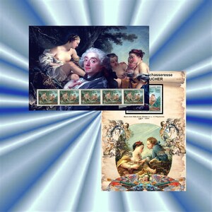 François BOUCHER powrót Diany, łowczyni pomysł na dekorację ścienną, 2 wydruki A4 z rzędem 5 nowych znaczków pocztowych vintage 1970 Francja