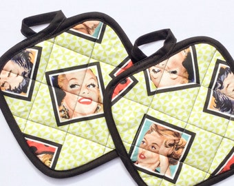 Retro Pinup girl Vintage Kitchen Cooking lime green Pot Holders Made to order