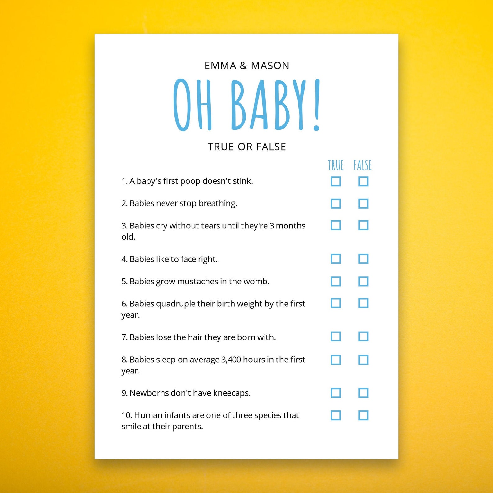 True or False Baby Shower Games Oh Baby True or False Game Etsy