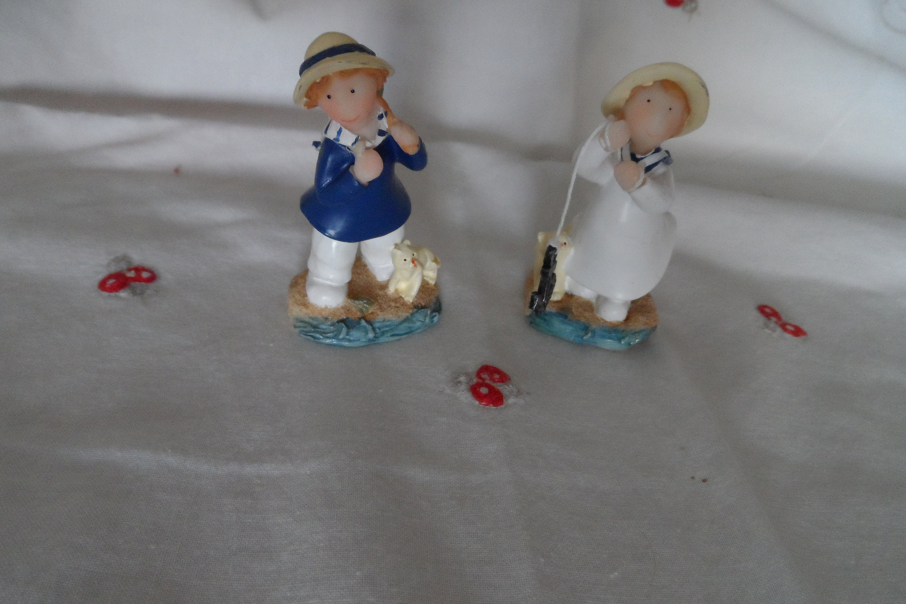 Miniature, 2 Petits Enfants, Thème La Pêche, Les Vacances, en Résine, Cadeau de Noël, Décoration, Co