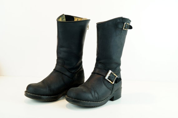 Johnny Bulls Western Boots, EU 35 Size Thick Sturdy Real Black Leather Tall Boots Made in Spain Knee Hight Biker, Moto Boots