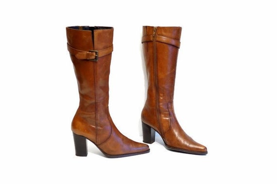 Buckled Equestrian Boots 90s Vintage Vintage Tall Brown Leather Boots Boho