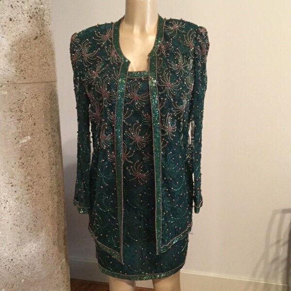Vintage Hunter Green Beaded Dress with Jacket, vintage dress set, St Pattys dress, beaded dress, green dress, vintage glam, party dress