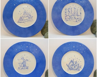 Lot de 4 assiettes rondes en porcelaine,23 cm,peintes à la main,décor de Noel ,bleu et blanc