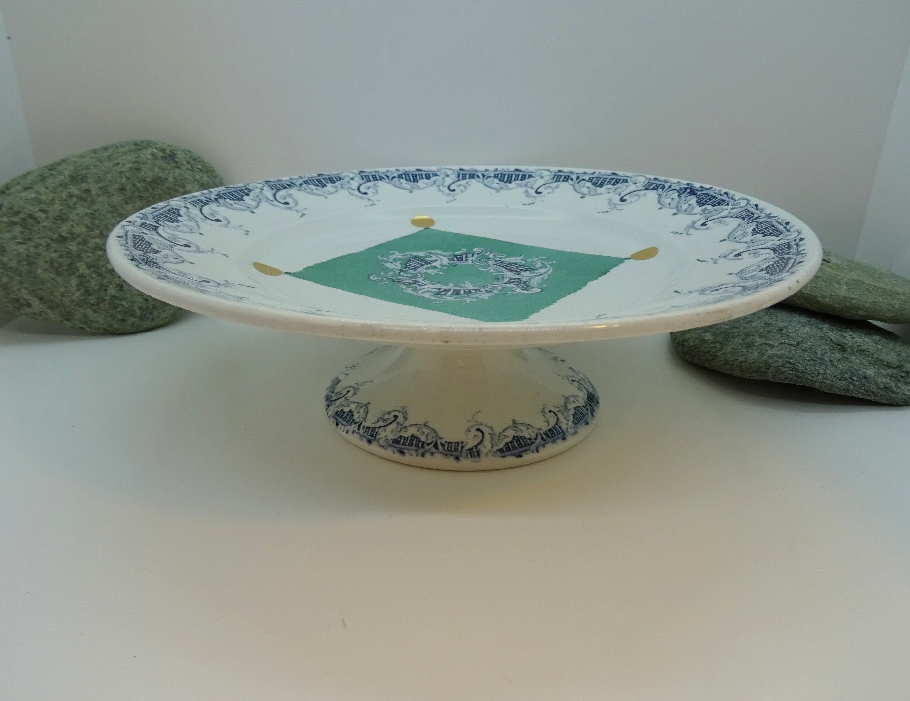 Plat à Gâteau sur Pied, Vintage , Faïence de Lunéville, Redécoré La Main, Cadeau Fête Des Mères,