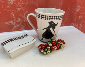 mug et  boite à sucre en porcelaine peinte à la main noir et blanc 2 élégantes silhouettes de mode