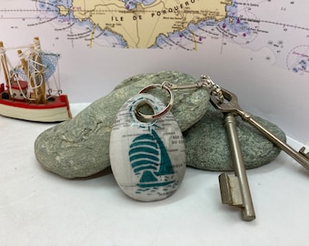 Key ring or porcelain bag pendant, hand painted maritime motif