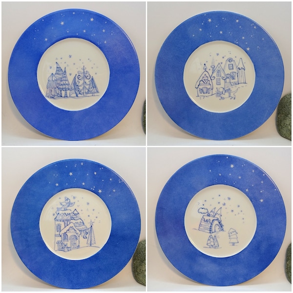 Lot de 4 assiettes rondes en porcelaine 23 cm peintes à la main décor de Noel